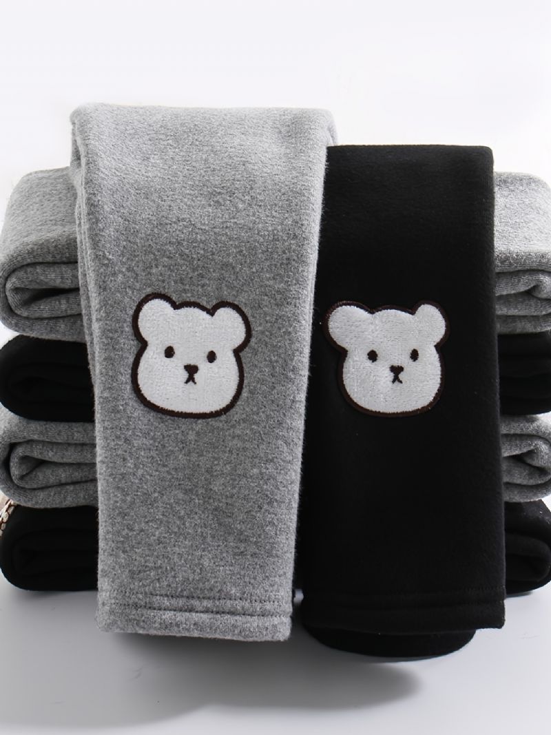 Piger High Stretch Bløde Leggings Fleece Varm Bear Broderet Børnetøj