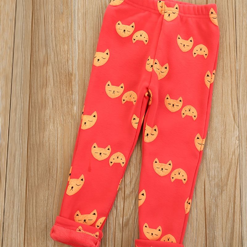 Piger High Stretch Bløde Leggings Fleece Varm Cat Print Vinter