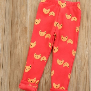 Piger High Stretch Bløde Leggings Fleece Varm Cat Print Vinter