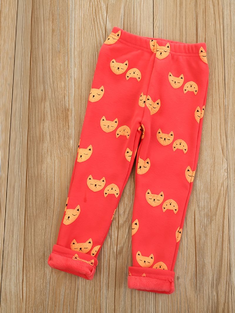 Piger High Stretch Bløde Leggings Fleece Varm Cat Print Vinter