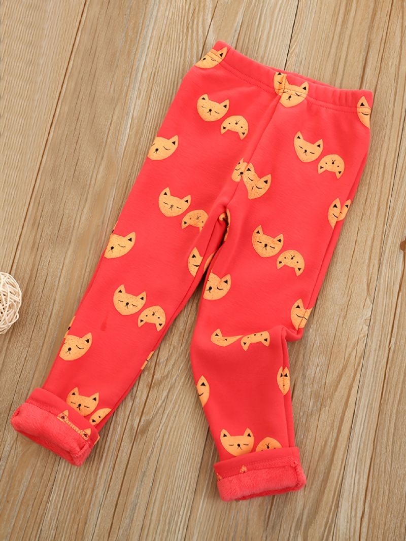 Piger High Stretch Bløde Leggings Fleece Varm Cat Print Vinter