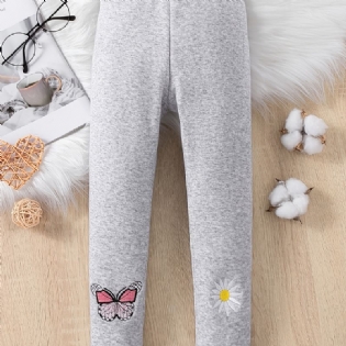 Piger High Stretch Bløde Leggings Fleece Varm Sommerfugl Blomst Broderede Bukser Børnetøj