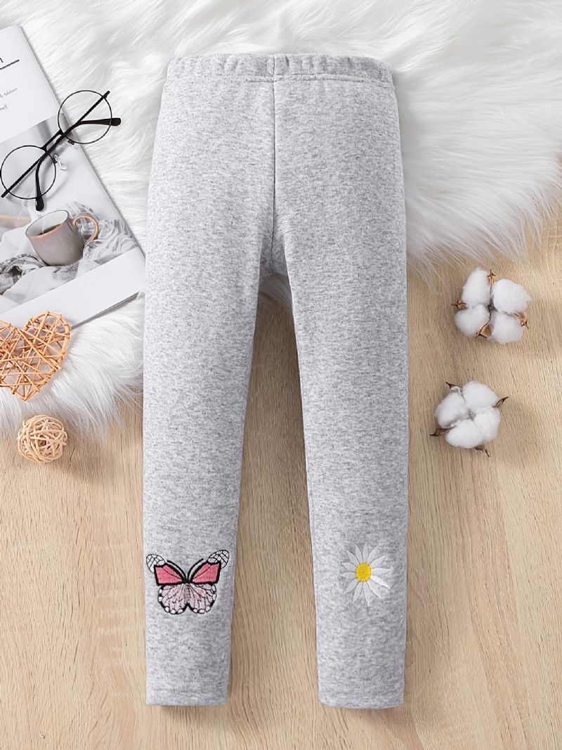 Piger High Stretch Bløde Leggings Fleece Varm Sommerfugl Blomst Broderede Bukser Børnetøj