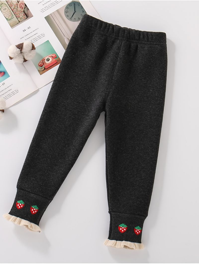 Piger High Stretch Bløde Leggings Fleece Varmt Jordbær Broderet Børnetøj