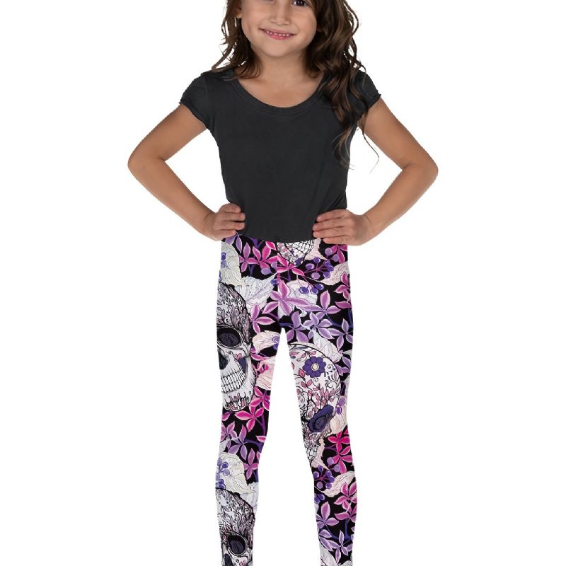 Piger High Stretch Bløde Leggings Mix Pink Violet Flower Skulls Print