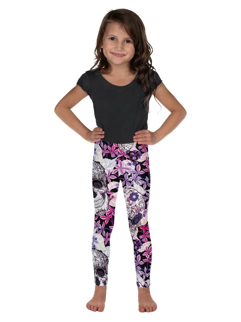 Piger High Stretch Bløde Leggings Mix Pink Violet Flower Skulls Print