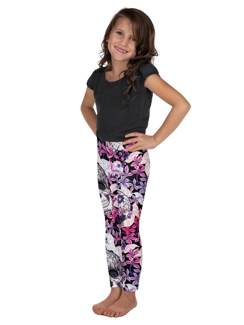 Piger High Stretch Bløde Leggings Mix Pink Violet Flower Skulls Print