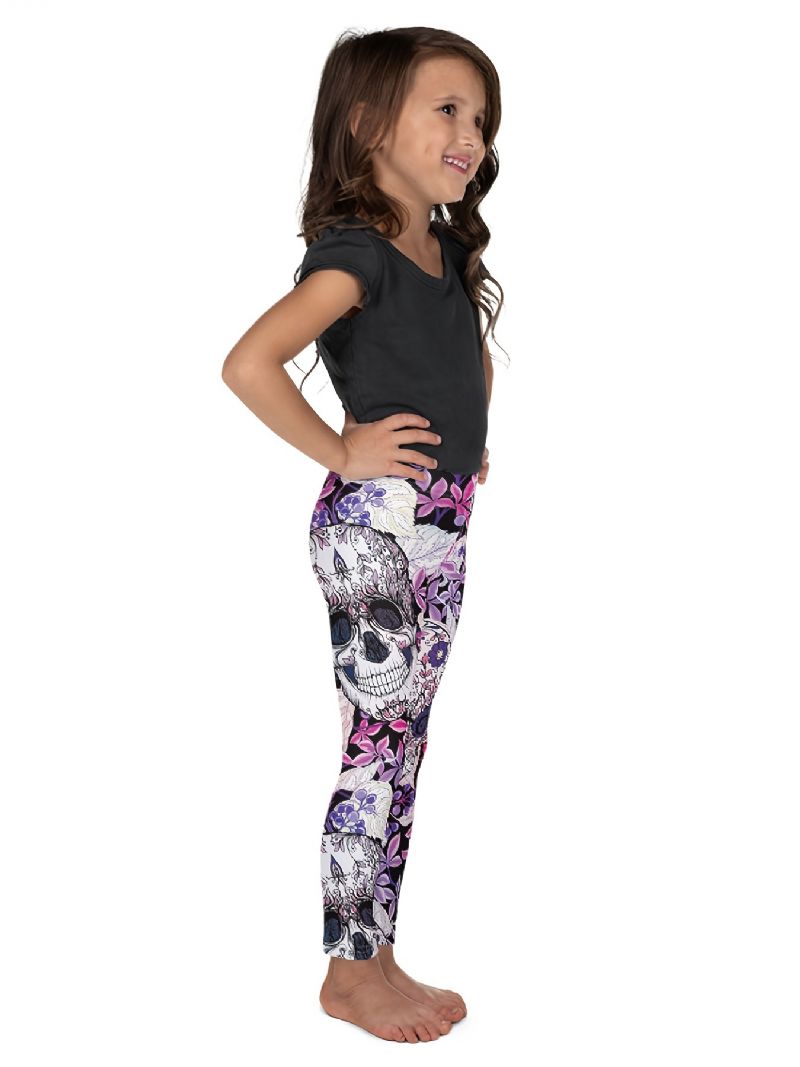 Piger High Stretch Bløde Leggings Mix Pink Violet Flower Skulls Print