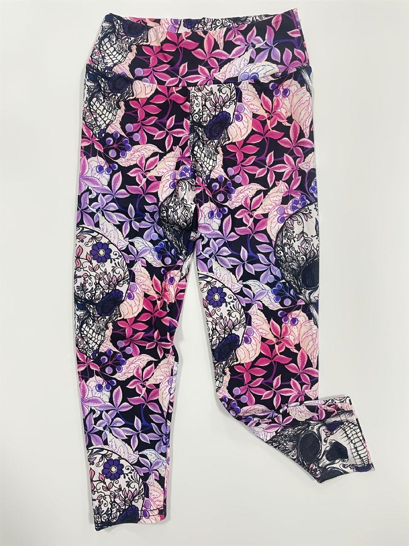 Piger High Stretch Bløde Leggings Mix Pink Violet Flower Skulls Print