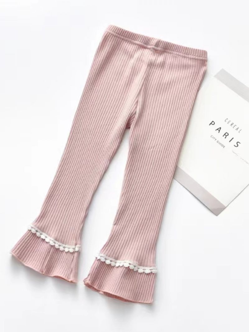 Piger Ribbede Blonder Trim Leggings Bukser Med Bowknot Søde Børnetøj