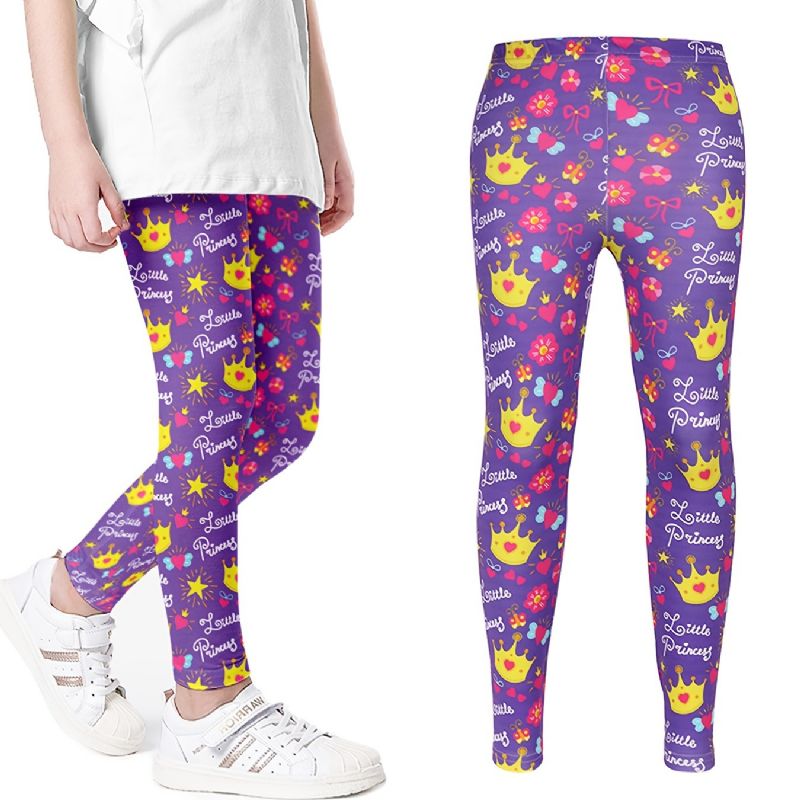 Piger Sød Lilla Krone & Prinsesse Print Lang Elastisk Talje Leggings Bukser Tøj