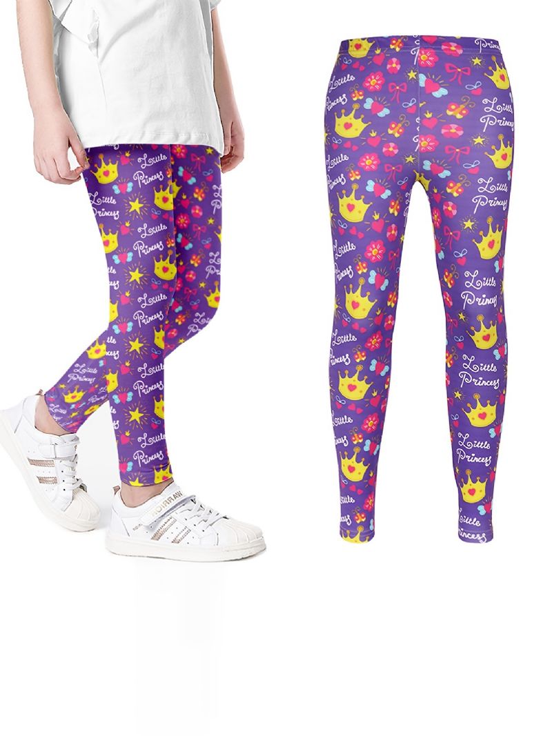 Piger Sød Lilla Krone & Prinsesse Print Lang Elastisk Talje Leggings Bukser Tøj