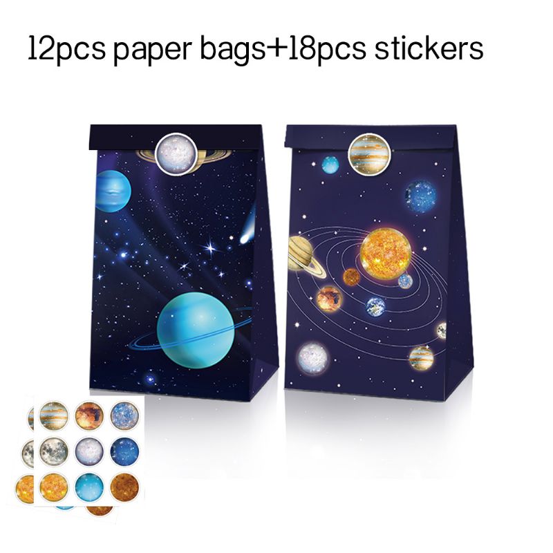 12 Stk./sæt Blue Space System-tema Papirposer Med Klistermærker Slik & Kiks Pakkeposer Til Børn Cool Natlig Gaveposer Til Drenge Goodiebags Goodybags