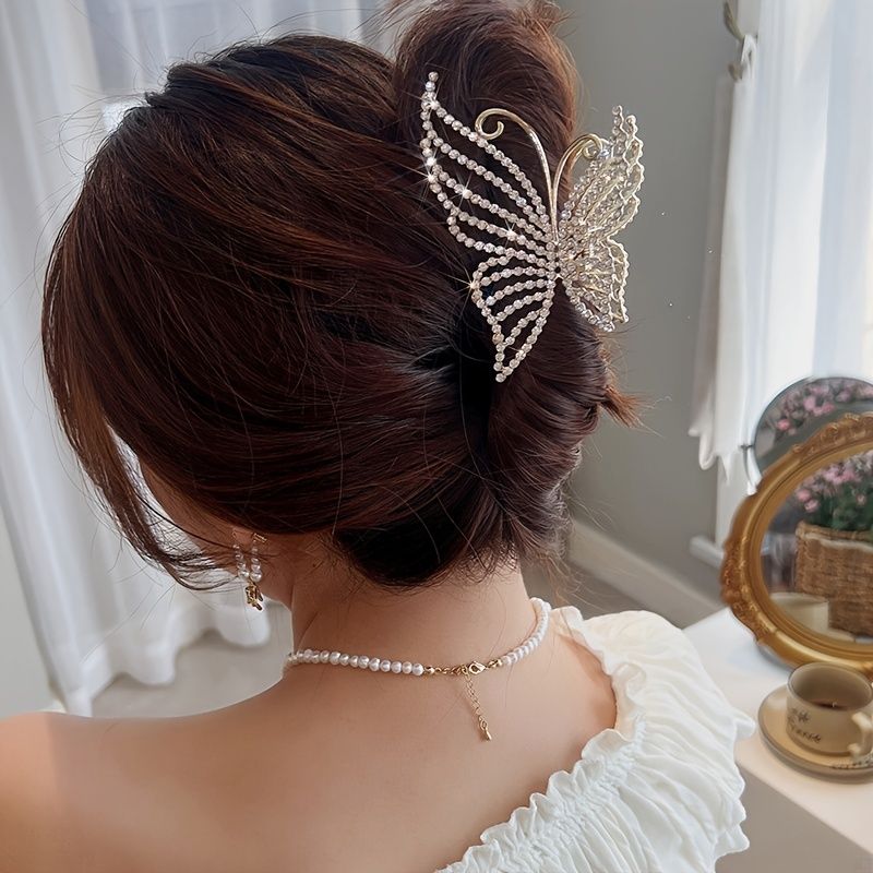 Butterfly Krystal Hår Klo Clips Perle Rhinestone Gylden Metal Hår Store Gem Hår Kæbe Stærkt Hold Non-slip Hår Catch Barrettes Klemmer Til Tykt Tyndt Hår Tilbehør Til Kvinder Piger