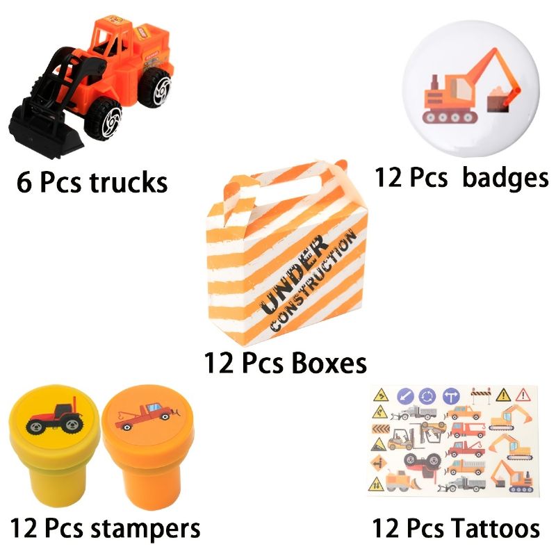 Byggeri Fødselsdagsfest Favors Sæt Byggelastbiler Favor Stampers Badges Tatoveringer Goodie Bags Til Klasseværelsesbelønninger Karneval Præmier Sæt Gaver Til Børn Drenge Piger - Servér 12 Gæster