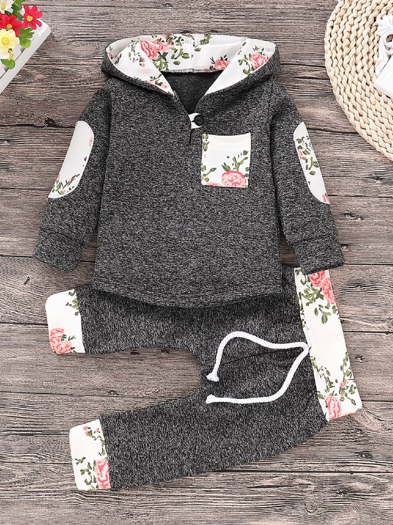 2 Stk Baby Drenge Blomstertryk Langærmet Hættetrøje Sweatshirt Elastiske Taljebukser Sæt Tøj