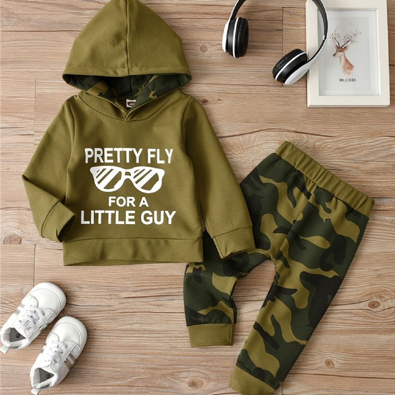 2 Stk Baby Drenge Brevtryk Hættetrøje Langærmet Sweatshirt & Camouflage Bukse Sæt Børnetøj
