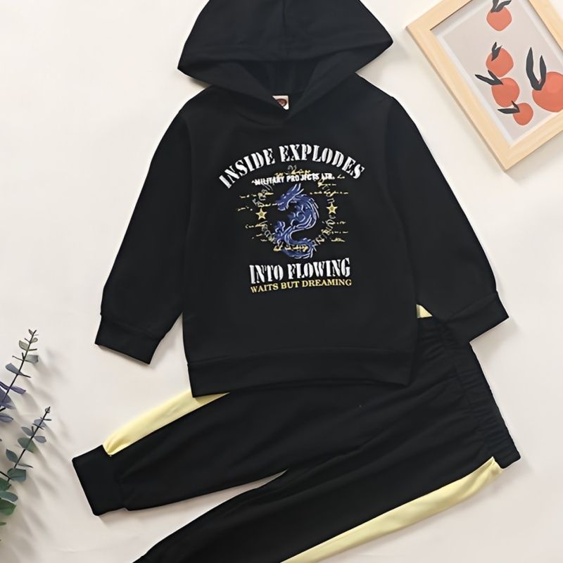 2 Stk Baby Drenge Hættetrøje Brevtryk Langærmet Pullover Sweatshirt & Bukser Sæt