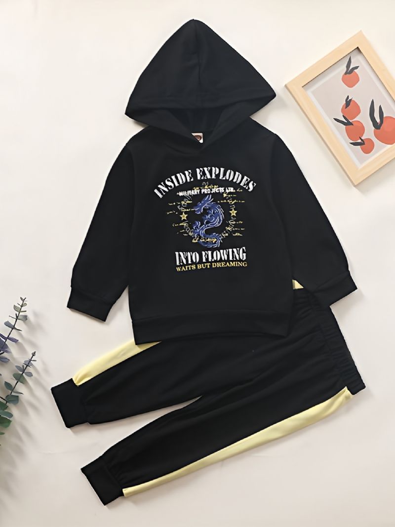 2 Stk Baby Drenge Hættetrøje Brevtryk Langærmet Pullover Sweatshirt & Bukser Sæt