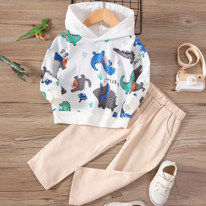 2 Stk Baby Drenge Hættetrøje Dinosaur Print Langærmet Pullover Sweatshirt & Buksesæt Børnetøj