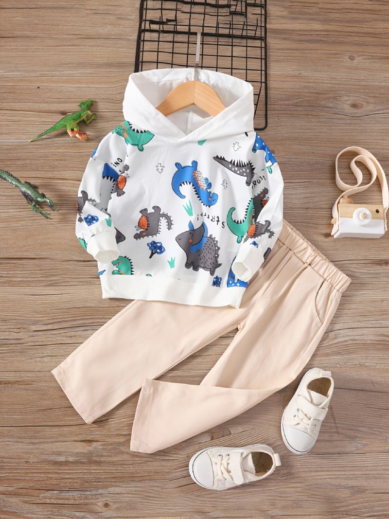 2 Stk Baby Drenge Hættetrøje Dinosaur Print Langærmet Pullover Sweatshirt & Buksesæt Børnetøj