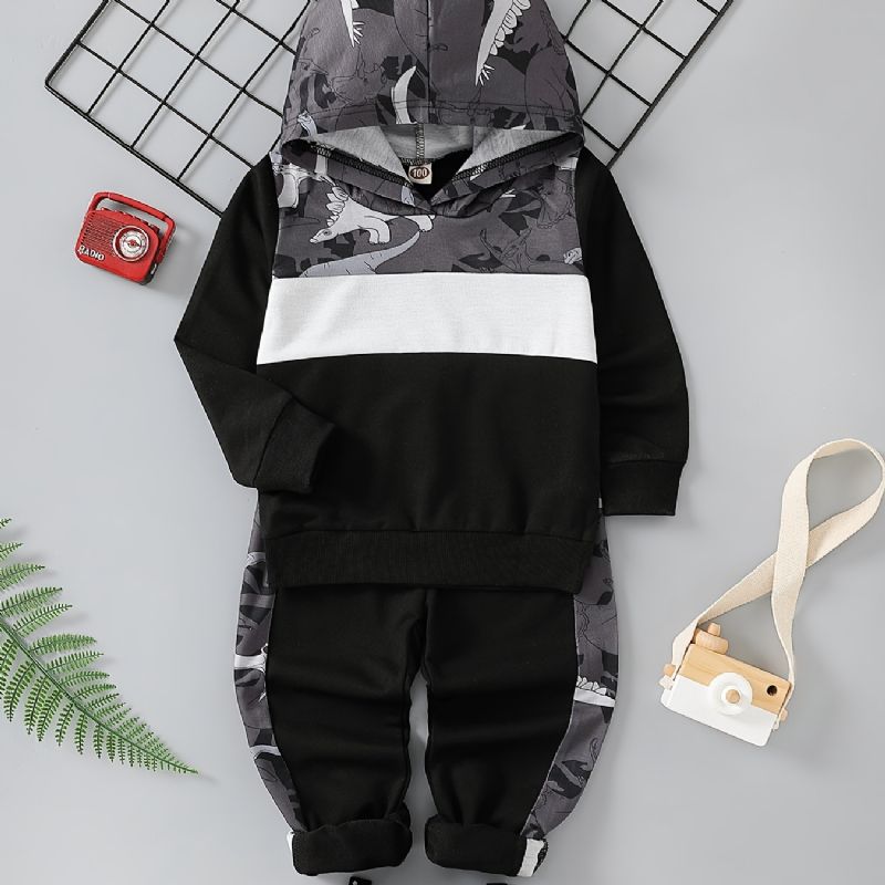 2 Stk Baby Drenge Hættetrøje Dinosaur Print Langærmet Sweatshirt Top & Bukser Sæt Børnetøj