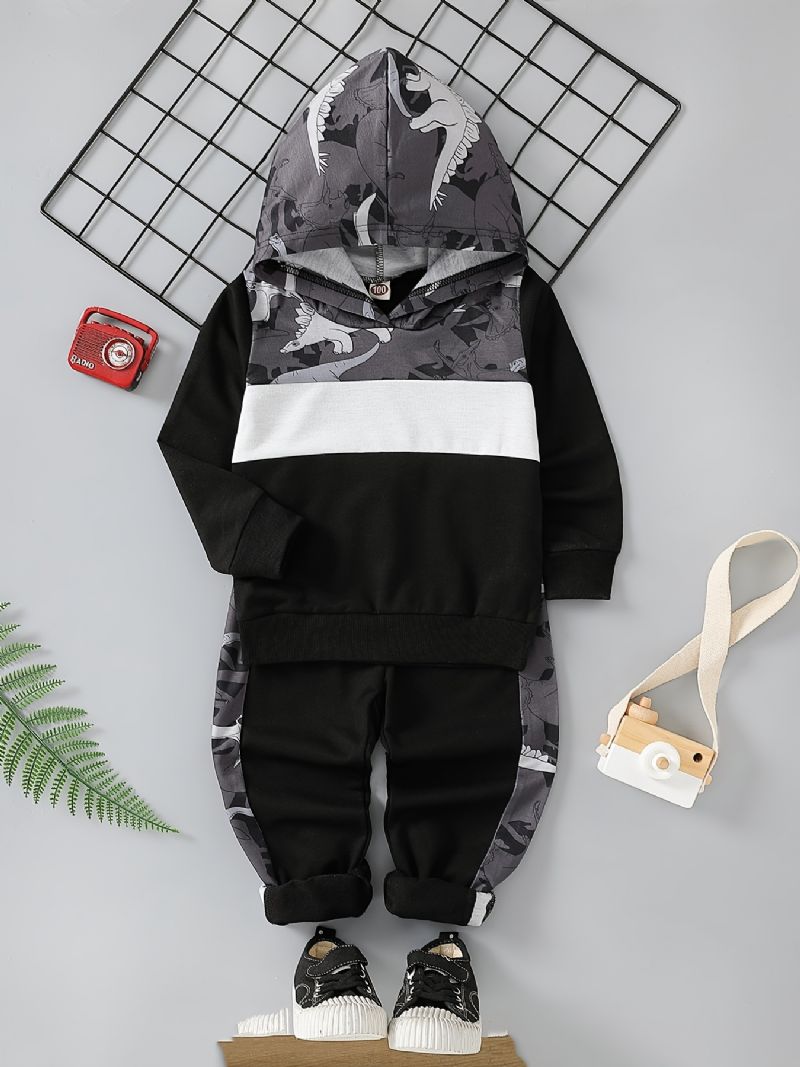 2 Stk Baby Drenge Hættetrøje Dinosaur Print Langærmet Sweatshirt Top & Bukser Sæt Børnetøj