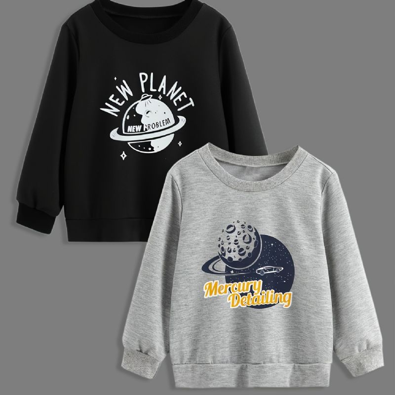 2 Stk Baby Drenge Tegneserie Planet Print Pullover Rund Hals Langærmet Sweatshirt