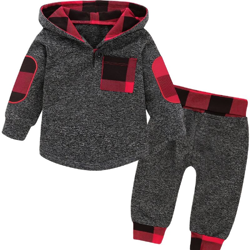 2 Stk Baby Hættetrøje Plaid Splejsning Langærmet Pullover Sweatshirt & Buksesæt Til Drenge Piger Børnetøj