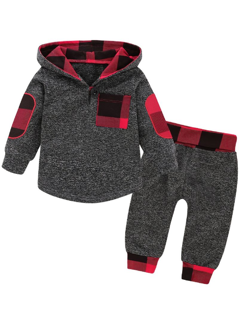 2 Stk Baby Hættetrøje Plaid Splejsning Langærmet Pullover Sweatshirt & Buksesæt Til Drenge Piger Børnetøj