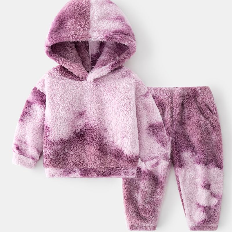 2 Stk Babypiger Plys Hættetrøje Tie Dye Langærmet Pullover Sweatshirt & Buksesæt Børnetøj