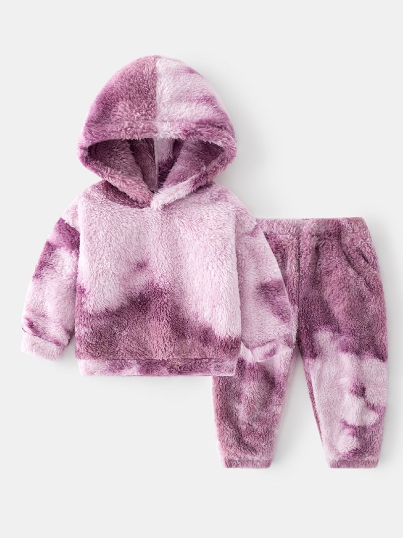 2 Stk Babypiger Plys Hættetrøje Tie Dye Langærmet Pullover Sweatshirt & Buksesæt Børnetøj