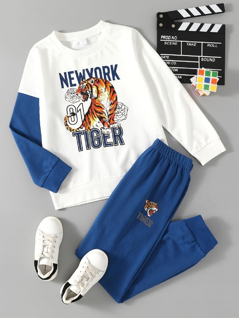 2 Stk Drenge Casual Tiger Print Pullover Sweatshirt & Sweatpants Til Vinter