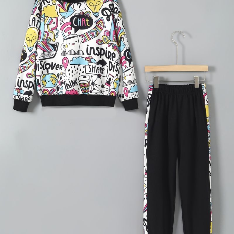 2 Stk Piger Graffiti Print Langærmet Hættetrøje Sweatshirt Elastisk Talje Jog Bukser Sæt Tøj