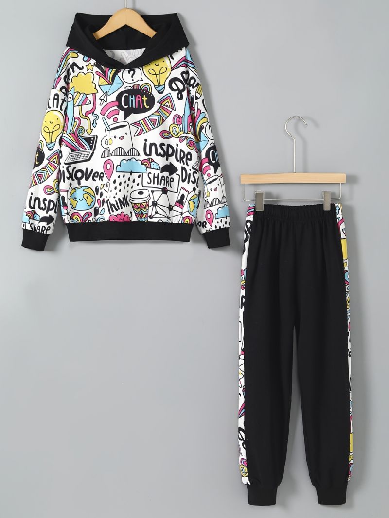 2 Stk Piger Graffiti Print Langærmet Hættetrøje Sweatshirt Elastisk Talje Jog Bukser Sæt Tøj