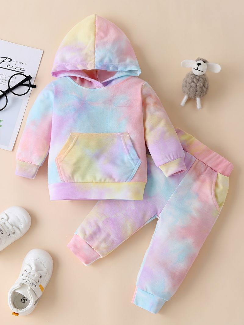 2 Stk. Toddler Baby Piger Hættetrøje Tie Dye Langærmet Pullover Sweatshirt & Buksesæt Børnetøj