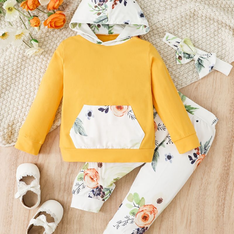 3 Stk Babypiger Hættetrøje Blomsterprint Langærmet Trøje Sweatshirt & Bukser & Pandebånd Børnetøjssæt