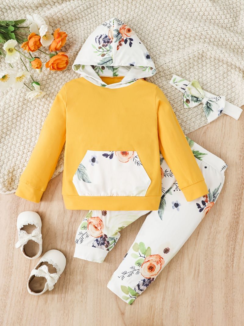 3 Stk Babypiger Hættetrøje Blomsterprint Langærmet Trøje Sweatshirt & Bukser & Pandebånd Børnetøjssæt