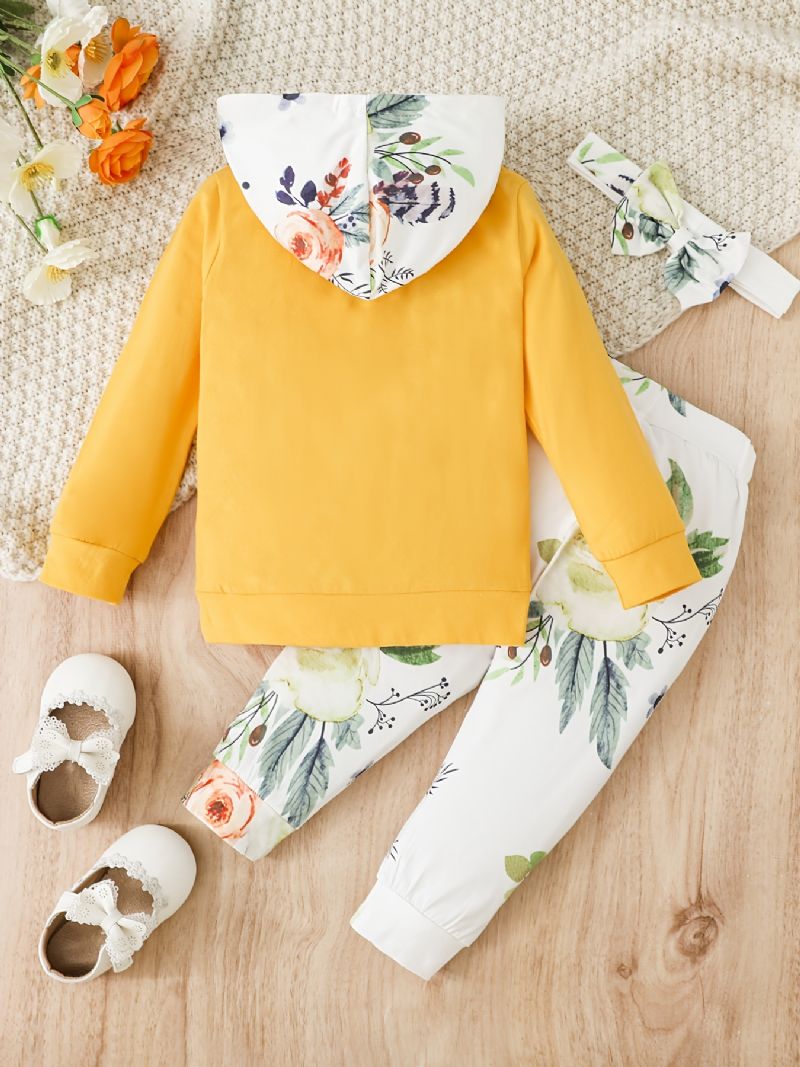 3 Stk Babypiger Hættetrøje Blomsterprint Langærmet Trøje Sweatshirt & Bukser & Pandebånd Børnetøjssæt