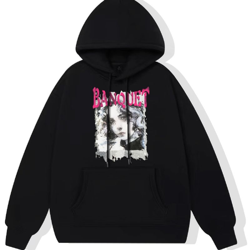 Anime Pige Print Hættetrøje Fleece Pullover Snøre Kængurulomme Aktiv Unisex Sweatshirt