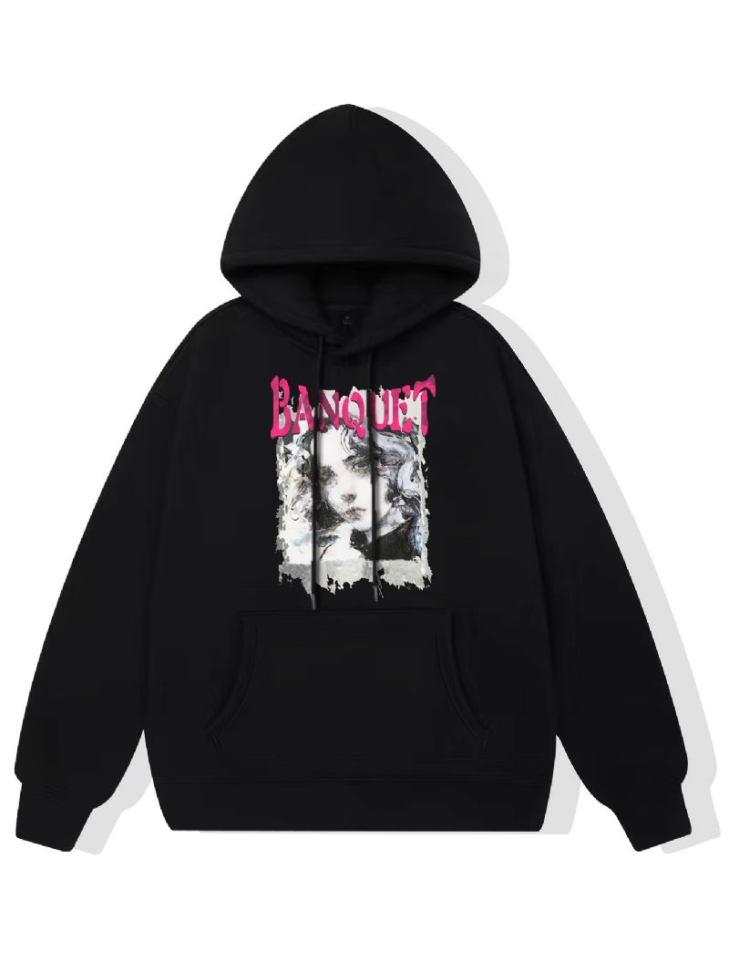 Anime Pige Print Hættetrøje Fleece Pullover Snøre Kængurulomme Aktiv Unisex Sweatshirt