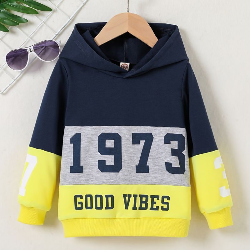 Baby Drenge Farve Blok Hættetrøje 1973 Nummer Print Langærmet Sweatshirt Børnetøj