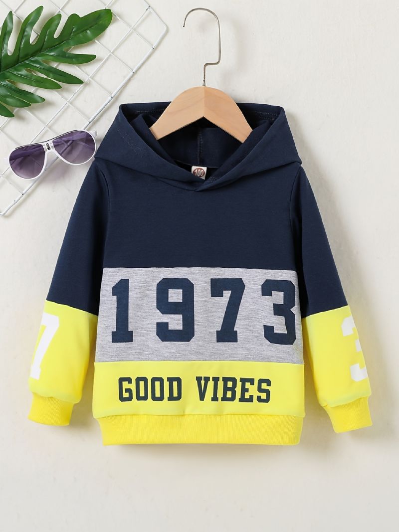 Baby Drenge Farve Blok Hættetrøje 1973 Nummer Print Langærmet Sweatshirt Børnetøj