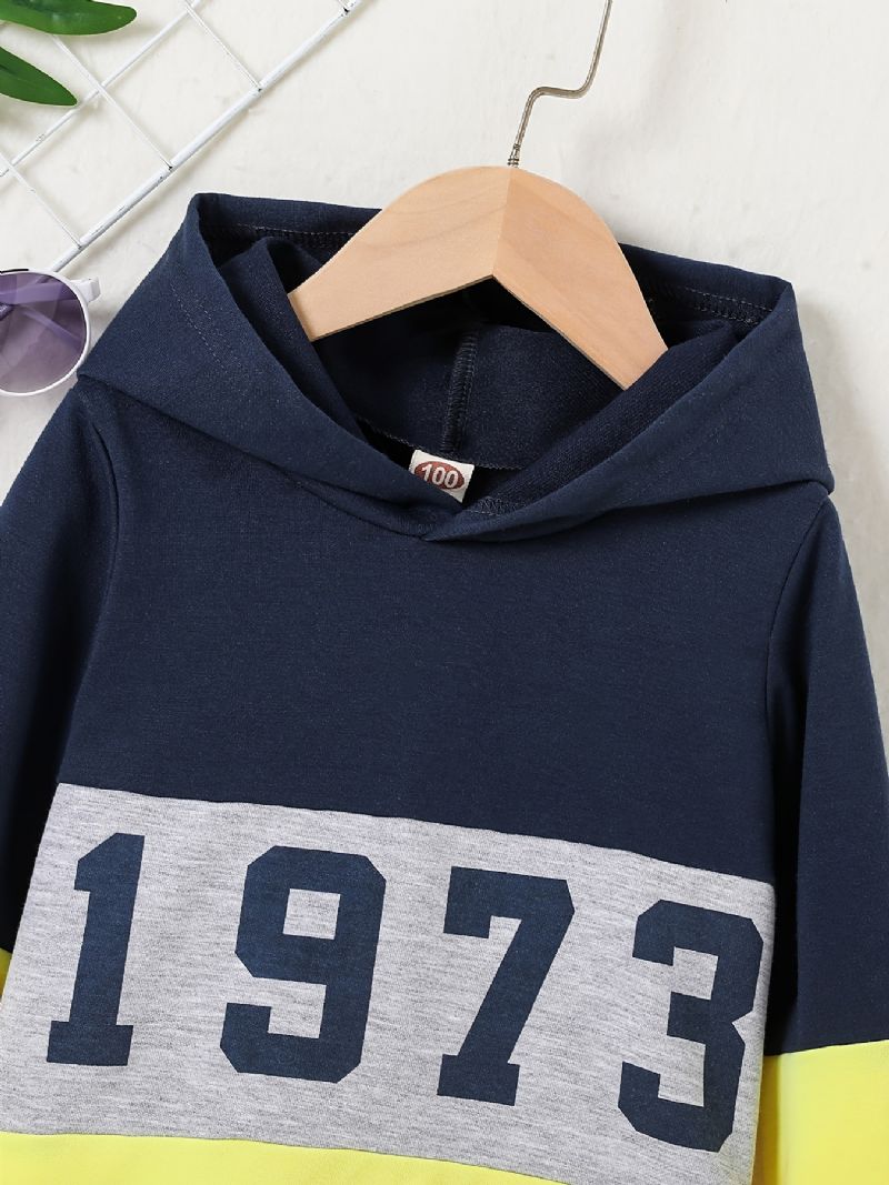 Baby Drenge Farve Blok Hættetrøje 1973 Nummer Print Langærmet Sweatshirt Børnetøj