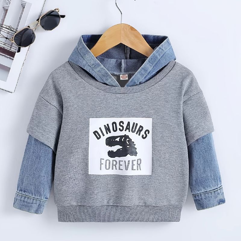 Baby Drenge Hættetrøje Tegneserie Dinosaur Brevtryk Denim Splejsningstrøje Sweatshirt Børnetøj