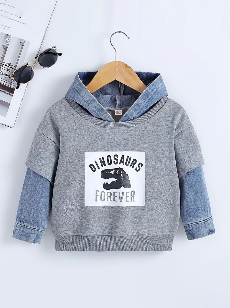 Baby Drenge Hættetrøje Tegneserie Dinosaur Brevtryk Denim Splejsningstrøje Sweatshirt Børnetøj