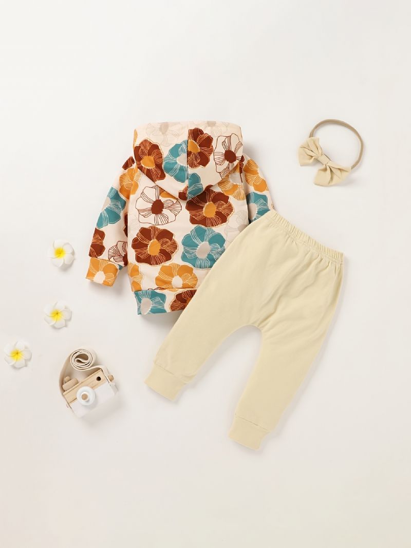 Babypiger Hættetrøje Blomstertryk Langærmet Pullover Sweatshirt & Bukser & Sløjfer Pandebånd Sæt Børnetøj