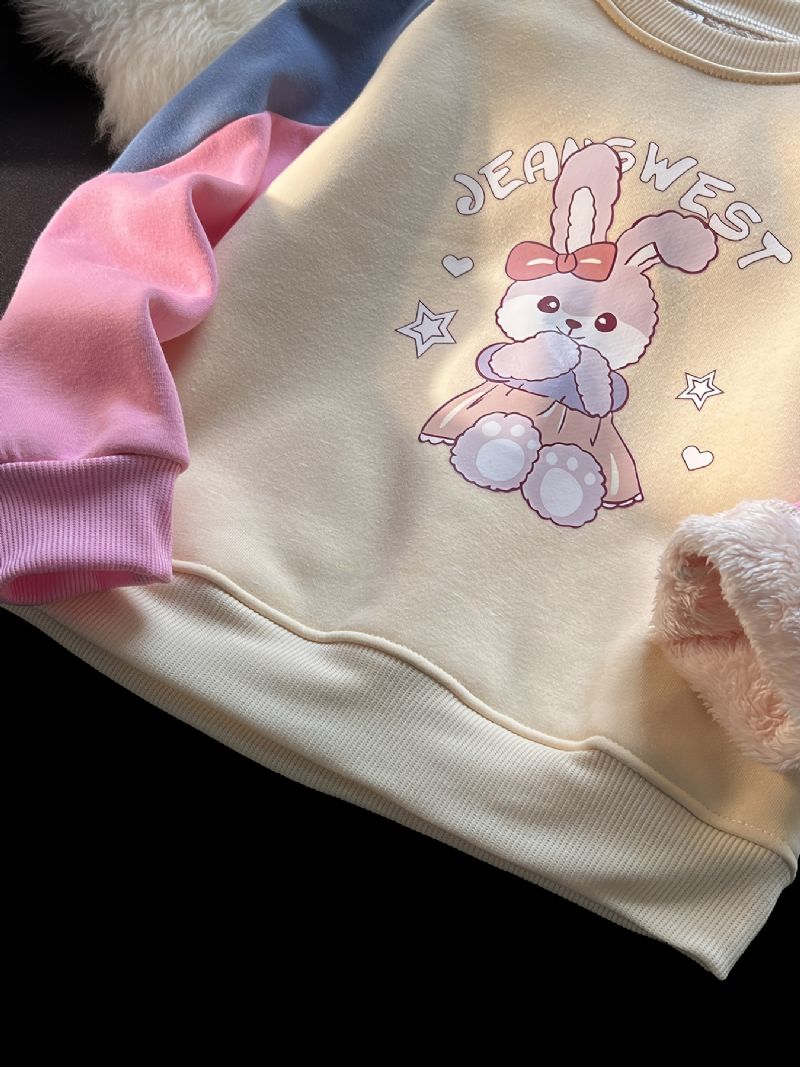 Babypiger Plys Varm Pullover Kanin Grafisk Rund Hals Langærmet Farveblok Sweatshirt Vinter Børnetøj