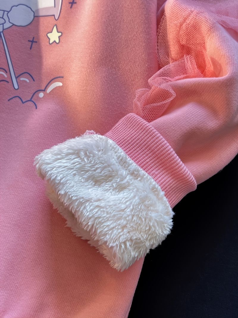 Børne Fleece Varm Langærmet Printet Blonder Mesh Ærmer Sød Rund Hals Sweatshirt Efterår Vinter