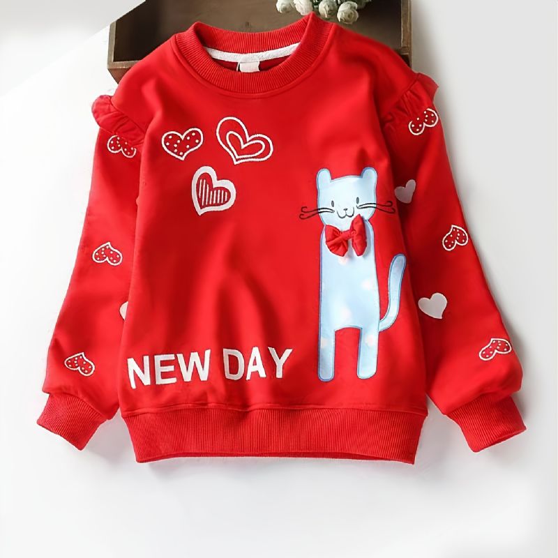 Børnepiger Cat Heart Print Pullover Rundhals Langærmet Sweatshirt Børnetøj